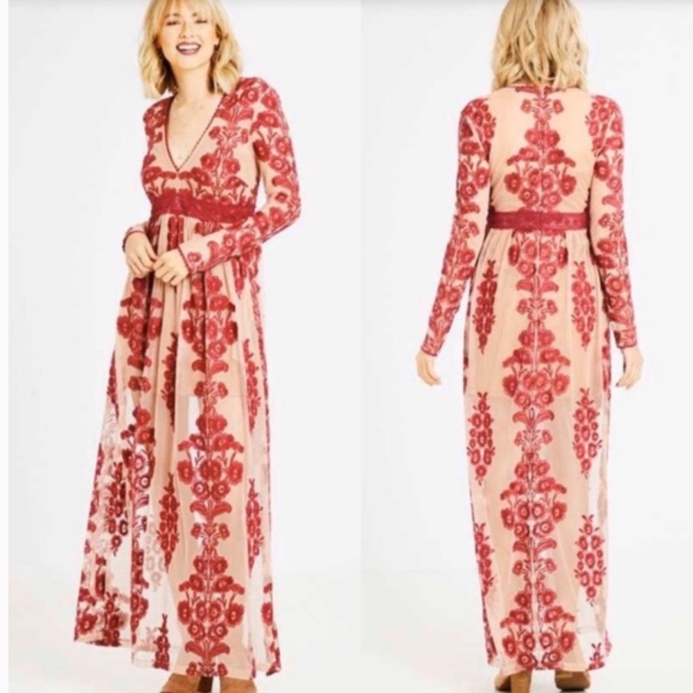 Altar’d State Norris Maxi Dress Lace Red and Nude